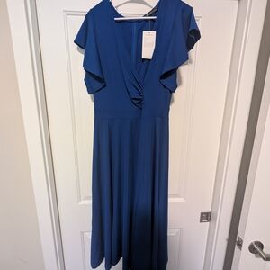Classic Blue Maxi Dress with V-Neck and Flutter Sleeves